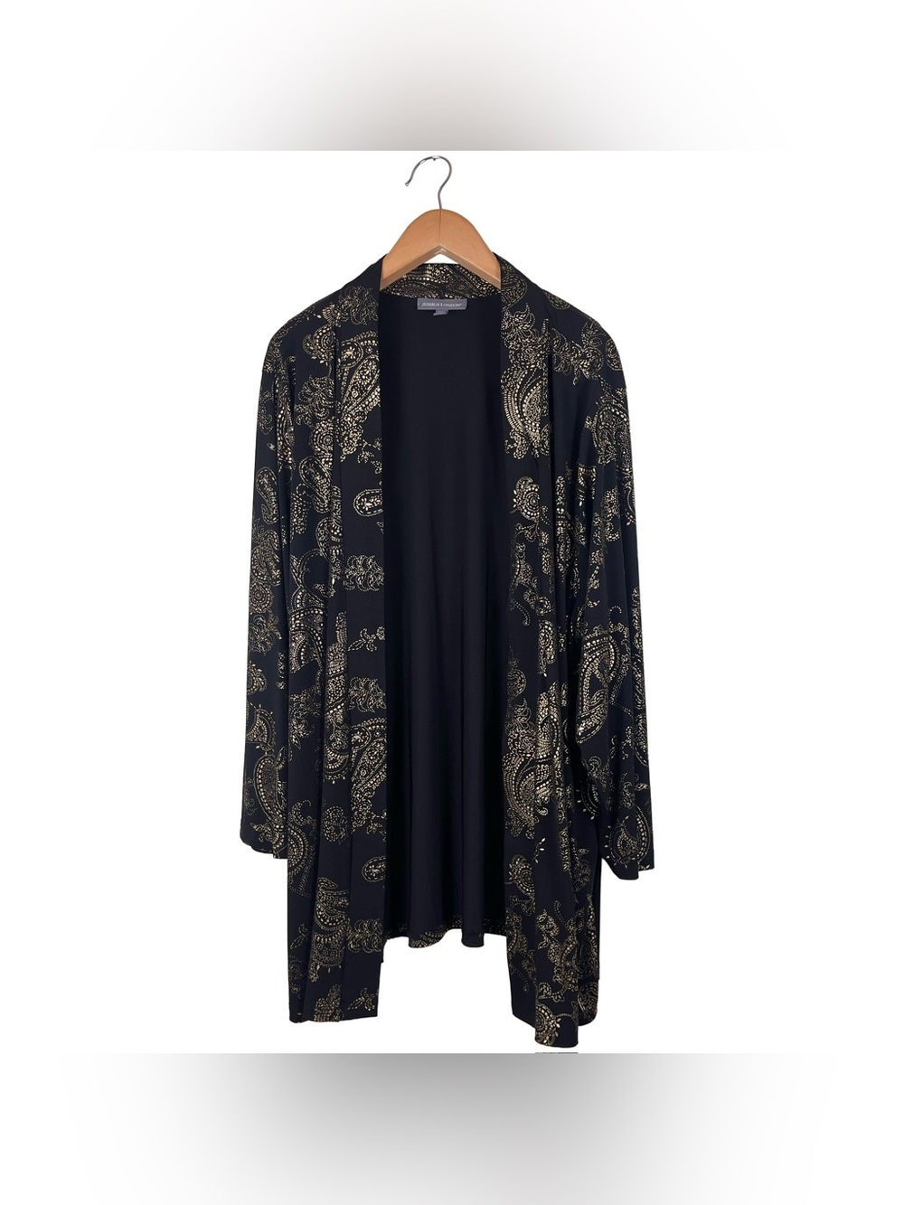 Jessica London Black & Gold Paisley Print Open Front Stretch Cardigan Women’s 3X